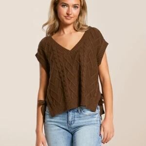 NEW Buckle Blu Peper Cable Knit Boxy Sweater Medium Brown Side Tie Bow Cut Out